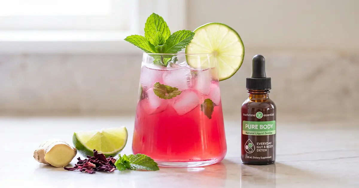 Hibiscus Mojito Detox Mocktail Hibiscus mojito detox mocktail with Pure Body bottle and ingredients